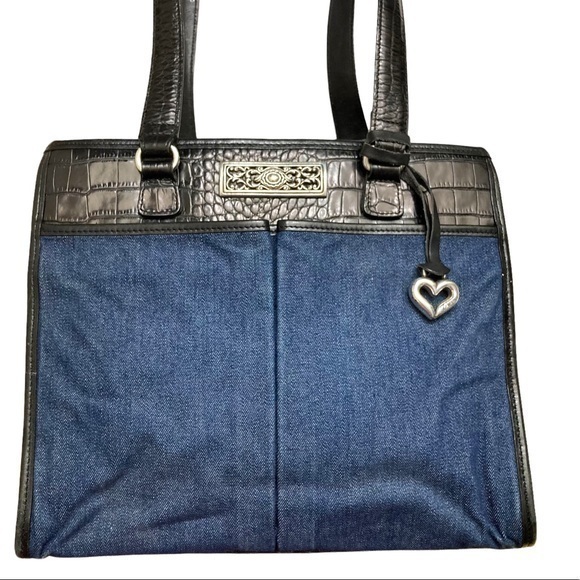 Brighton denim black leather trimmed tote bag rare